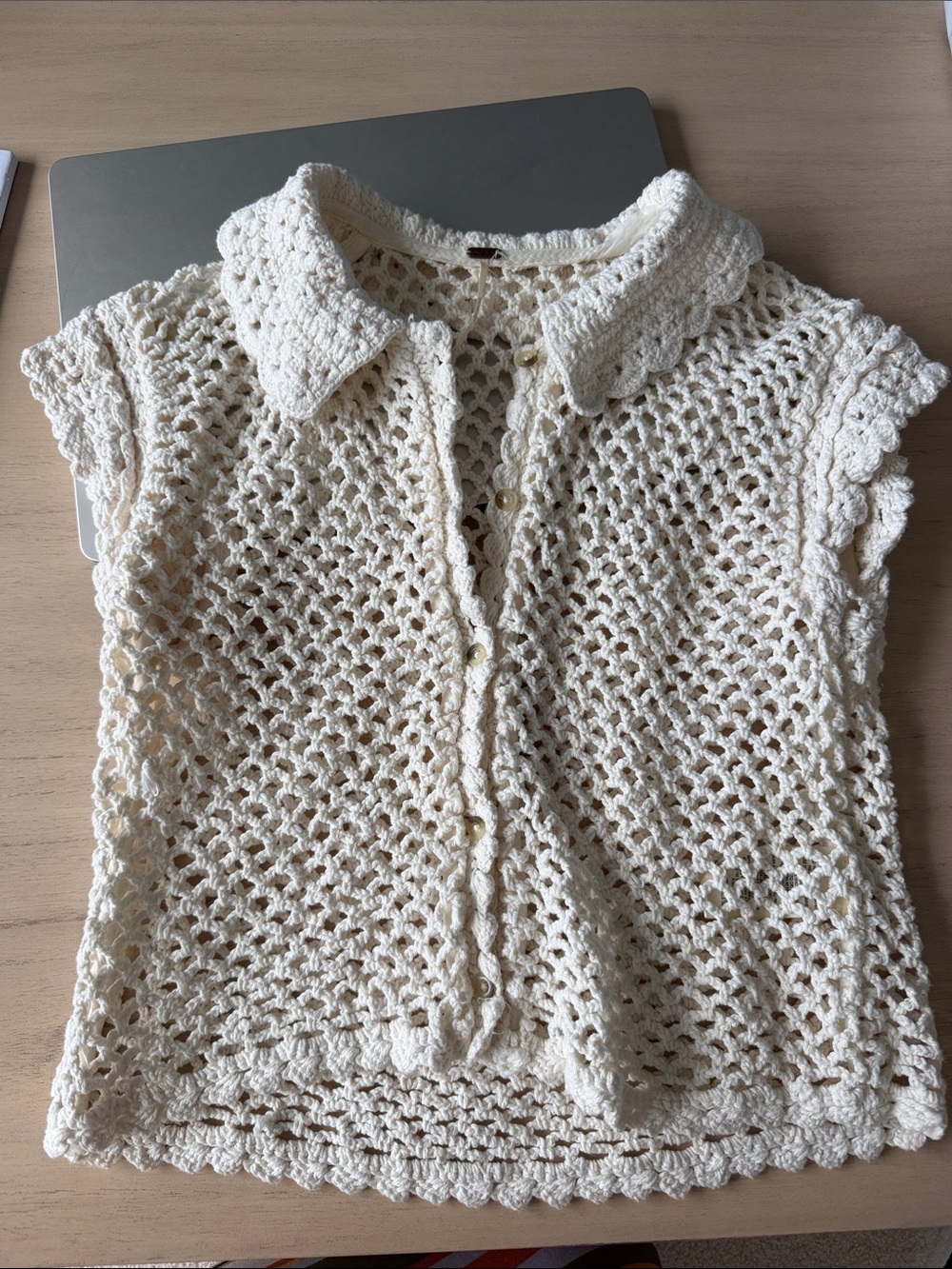 Free People Cream Crochet Button-Front Short Sleeve Top - Picture 3 of 4